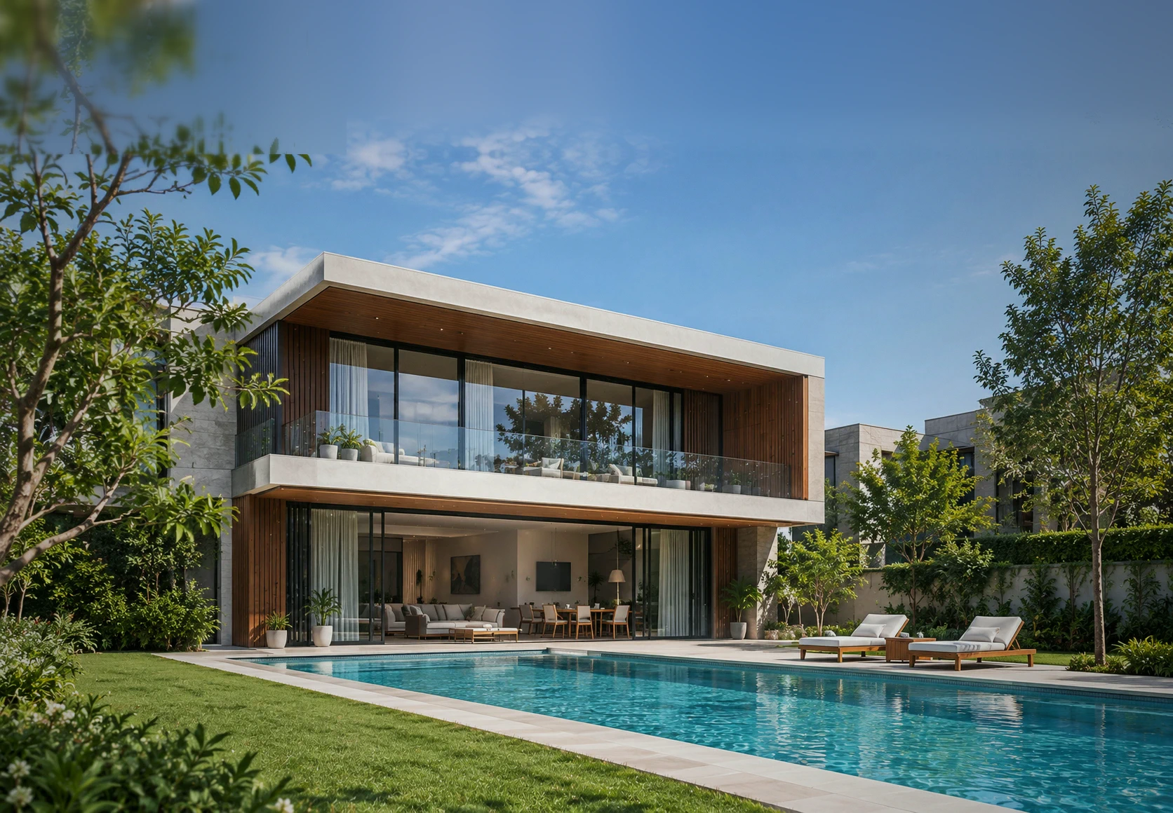 A two-storey modern villa with timber screens, floor-to-ceiling glass and a long pool on a lawn
